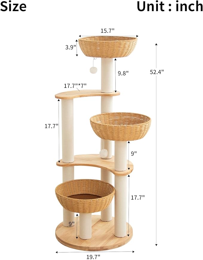 Modern Cat Tree for Large Cats, Wood Cat Tower 3 Condo Perch Heavy DutyBase with Cotton Scratch Post for Indoor Big Cats (90755)