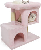 Tangkula Small Cat Tree for Indoor Cats, 25.5 Inch Cat Tower with Sisal Scratching Posts, 2 Large Cat Condos with Padded Top Perch, Modern Cat Climbing Furniture for Adult Cats & Kittens (Pink)