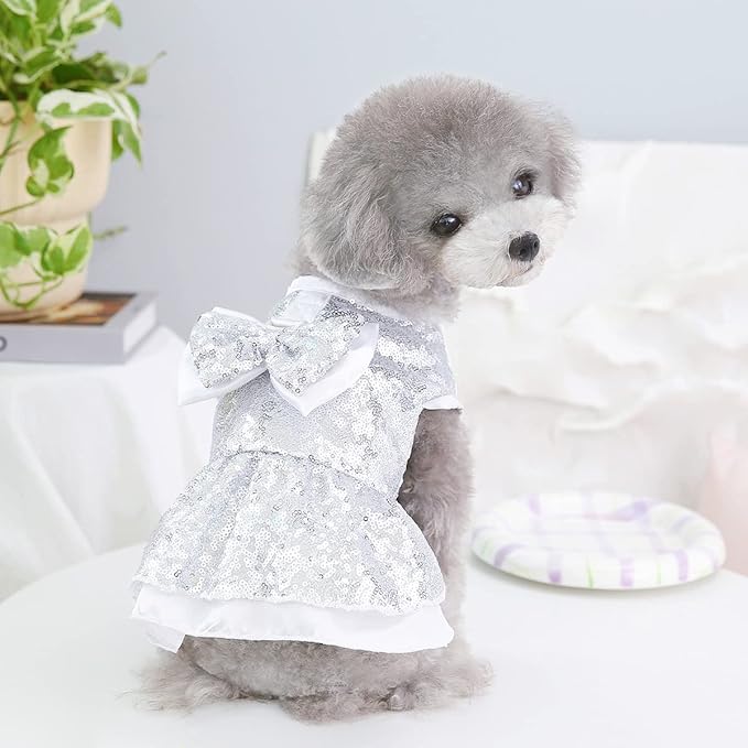 Tangpan Sequins Bow-Knot Pet Dance Dress Dog Christmas Party Dress (Silver, S)