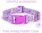 Dog Collar with Leash Airtag Holder Case Set - Dog Collars for Male Female Boy Girl Puppy X-Small Small Medium Large Dogs Walking Running Training - Purple Daisy/S