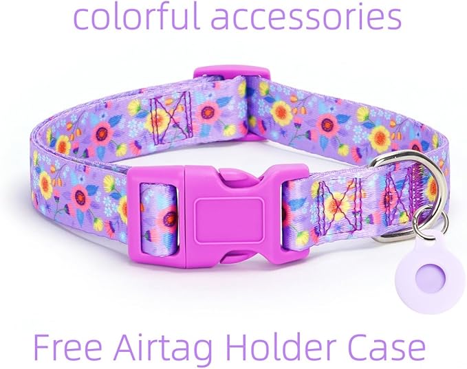 Dog Collar with Leash Airtag Holder Case Set - Dog Collars for Male Female Boy Girl Puppy X-Small Small Medium Large Dogs Walking Running Training - Purple Daisy/L