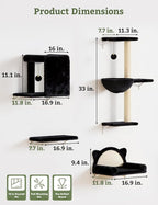 5-in-1 Cat Wall Shelves, Solid Wood & Velvet & Sisal Scratcher, 44lbs Max Load, Wall Mounted Cat Furniture for Climbers, Cat Climbing Wall System, Fits Drywall & Solid Walls - Black