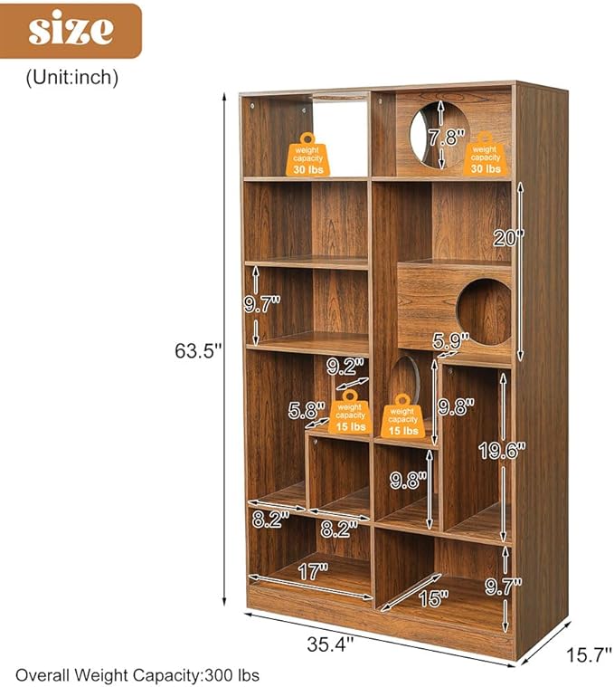 63.5" Cat Tree with Litter Box Enclosure & Bookshelf, Modern Cat Tower with Built-in Cat Houses, Multi-Tier Storage Shelf Cat Furniture for Indoor Cats,Brown