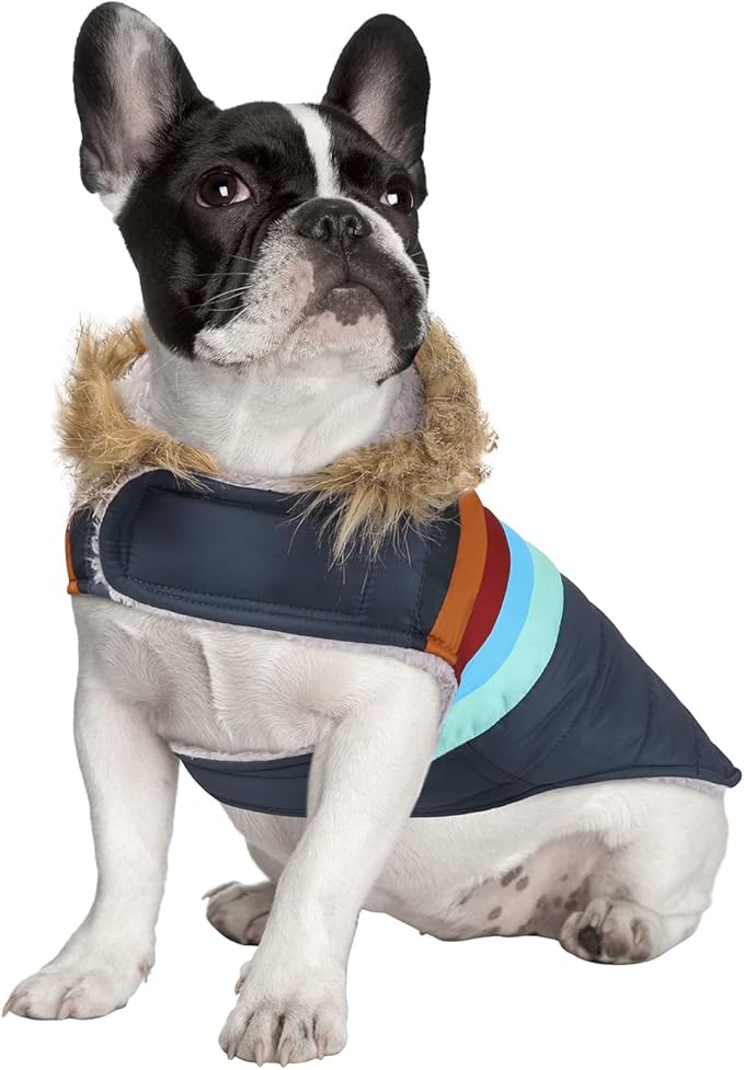 HDE Dog Puffer Jacket Fleece Lined Warm Dog Parka Winter Coat with Harness Hole Navy Retro Stripe - M