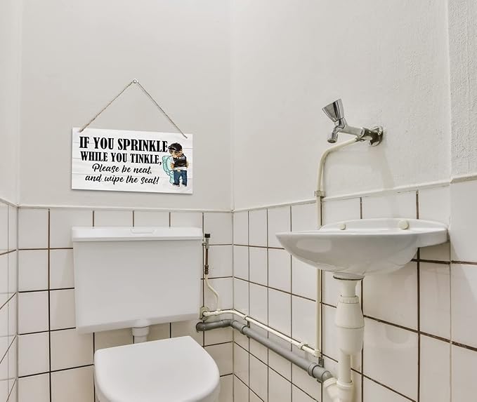 Funny Toilet Wood Decor Sign, If You Sprinkle While You Tinkle Please Be Neat Wipe the Seat! Hanging Printed Wooden Plaque Décor, Bathroom Wall Décor, Wood Wall Sign for Public Restroom 12x6 inch