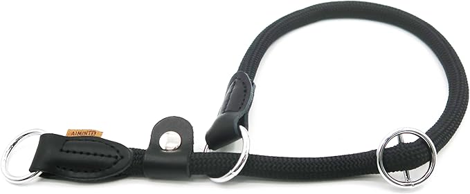 Braided Round Martingale Dog Collar, Training Collar with Slidable Stop Ring and Adjustable Stopper - Ideal for Large Dogs (L(1/2") - 20" Long, Black)