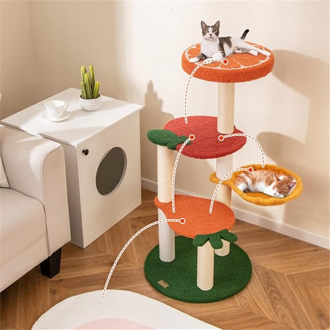 Fruit-Themed Cat Tree | Multi-Storey Cat Apartment + Rotating Hammock | Sisal Grab Pole | Teddy Plush Cat Bed | 39-Inch Pet Activity Center