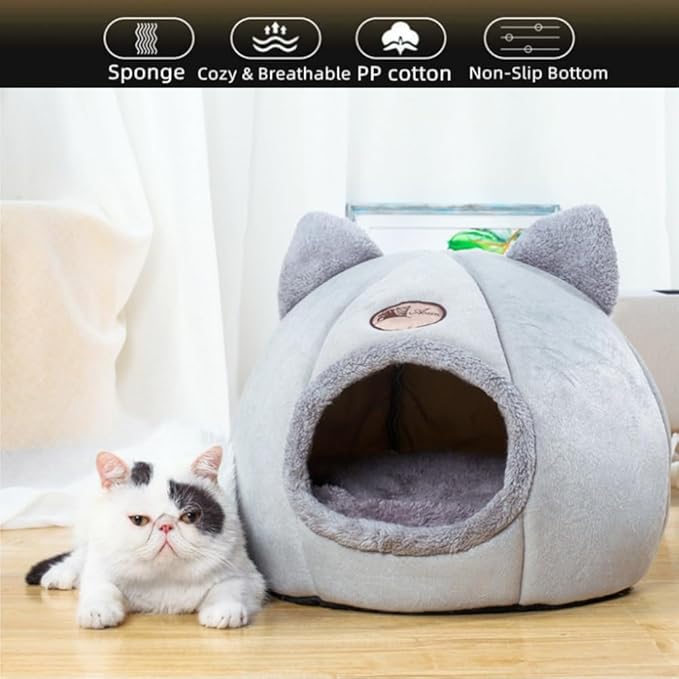 Cat Ear-Shaped Bed for Indoor Cats,Semi-Enclosed Kitten Bed with A Removable Mat & Non-Slip Bottom for Cat and Small Dog,Cats Hideaway (Gray, S:13×13×13in(33×33×33cm))