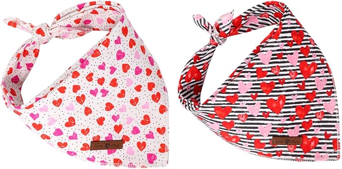 Lionet Paws Valentine's Day Dog Bandanas 2 Pack, Black and White Stripes Dog Triangle Hearts Dog Kerchief,Adjustable Triangle Holiday Scarves for Medium Large Dogs Pets