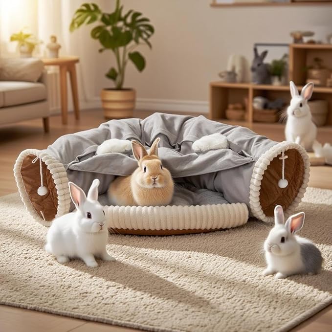 VelvetPaw Gray 2-in-1 Collapsible Rabbit Tunnel Bed | Removable Washable Pet Cushion | Cozy Hideout & Play Toy for Rabbits, Bunnies & Kittens - Indoor Rest, Exercise & Entertainment