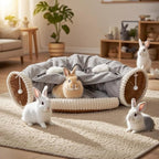 VelvetPaw Gray 2-in-1 Collapsible Rabbit Tunnel Bed | Removable Washable Pet Cushion | Cozy Hideout & Play Toy for Rabbits, Bunnies & Kittens - Indoor Rest, Exercise & Entertainment