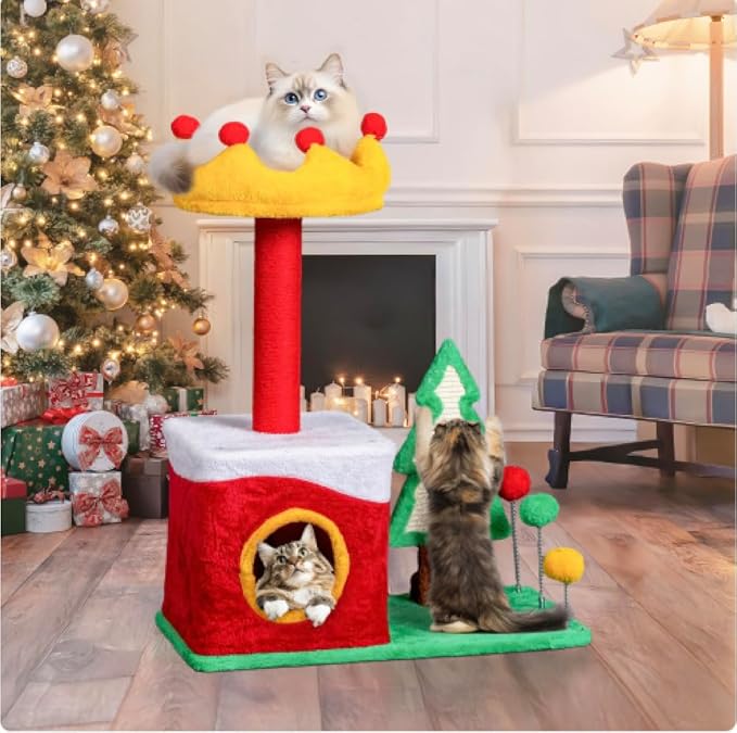 VINGLI 29.5IN Christmas Themed Plush Cat Tree, Multi Level Cat Tower with Condo, Crown Top Perch, Xmas Tree Sisal Scratching Ramp & Post, Spring Hanging Balls Indoor Kitten Cat Activity Center