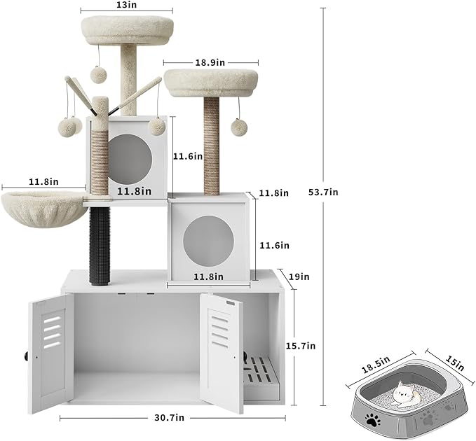 Multi-Level Cat Tree Tower with Scratching Posts & Litter Box Enclosure, Cat Condo with Cat Houses, Perches & Hanging Toys, Cat Furniture for Indoor Cats, Easy to Assemble