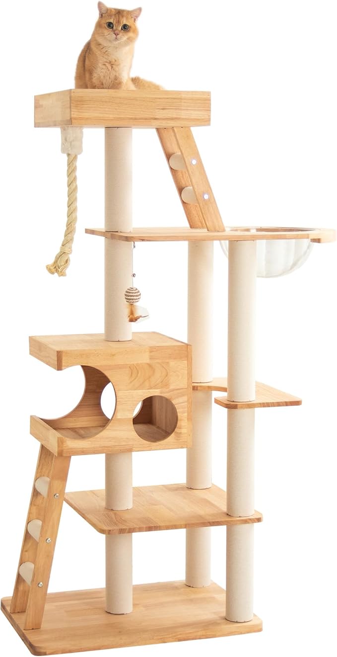Wood Cat Tree for Large Cat, 62-Inch Tall Cat Tower with Scratching Post for Indoor Cats, Multi-Level Cat Condo with Hand-Woven Cat Bed and Acrylic Bowl Easy to Clean