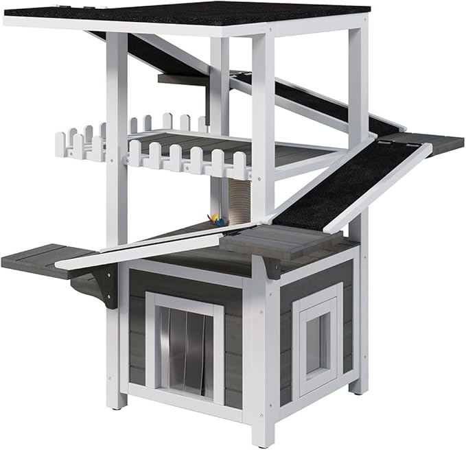 4-Tier Cat Tree Outdoor/Indoor Cat House, Weatherproof Wooden Cat Tower, Multi-Level Feral Cat Shelter with Ramps, Scratching Post & Enclosed Condo, Outside Cat Enclosure for Multiple Cats,Grey white