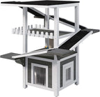 4-Tier Cat Tree Outdoor/Indoor Cat House, Weatherproof Wooden Cat Tower, Multi-Level Feral Cat Shelter with Ramps, Scratching Post & Enclosed Condo, Outside Cat Enclosure for Multiple Cats,Grey white
