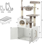 Cat Tree and Litter Box Enclosure Bundle, Hidden Cat Litter Box Furniture with Scratching Post, Wooden Cat Washroom Furniture, Modern Cat Condo, White