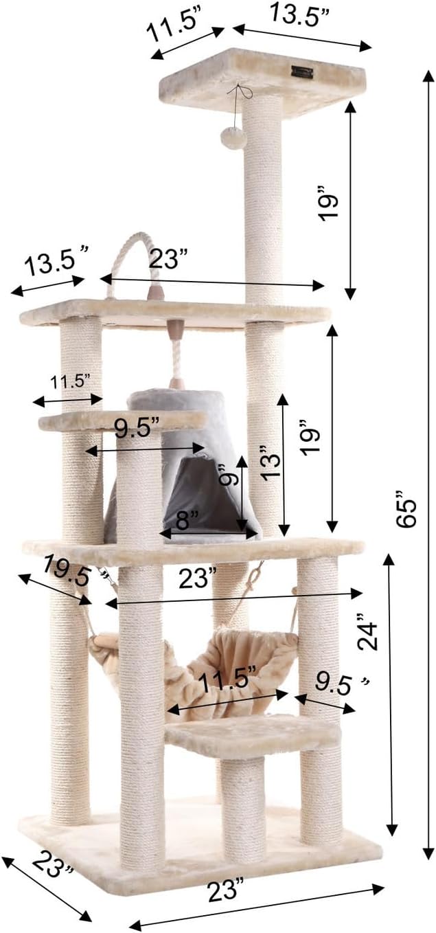 Cat Tree Tower with Hammock - Multi-Level Kitty Condo, Scratching Posts, Soft Faux Fur - 65" Tall