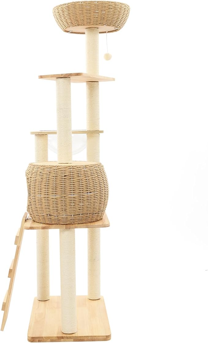 Modern Cat Tree, 55in Rattan Cat Tree Tower with Woven Condo, Clear Bowl, Washable Cushions, and Scratching Posts, Cat Furniture Activity Centre