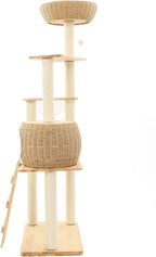 Modern Cat Tree, 55in Rattan Cat Tree Tower with Woven Condo, Clear Bowl, Washable Cushions, and Scratching Posts, Cat Furniture Activity Centre