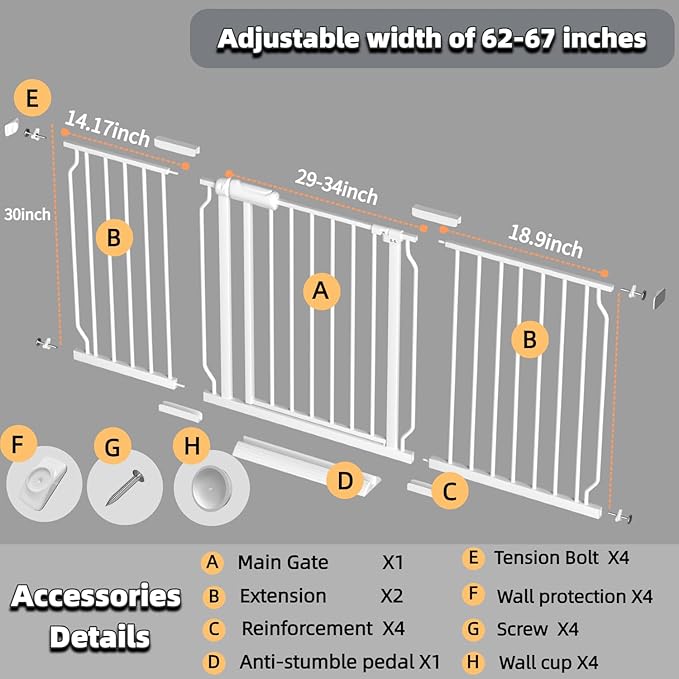 TSAYAWA Extra Wide Walk Through Baby Gate with Door, 62.5-67 Inch Wide Presure Mounted No Drill Metal Auto Close Child Gate for Stair Doorway - Indoor Outdoor Safty Gate for Toddler Dog Doggie, White