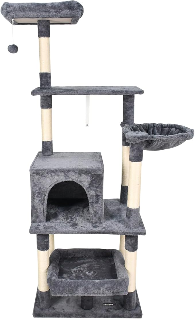 66-in Heavy-Duty Cat Tree for Large Cats, Multi-Level Tower with Sisal Scratching Posts, Plush Perch, Hammock & Condo Anti-Tip Design