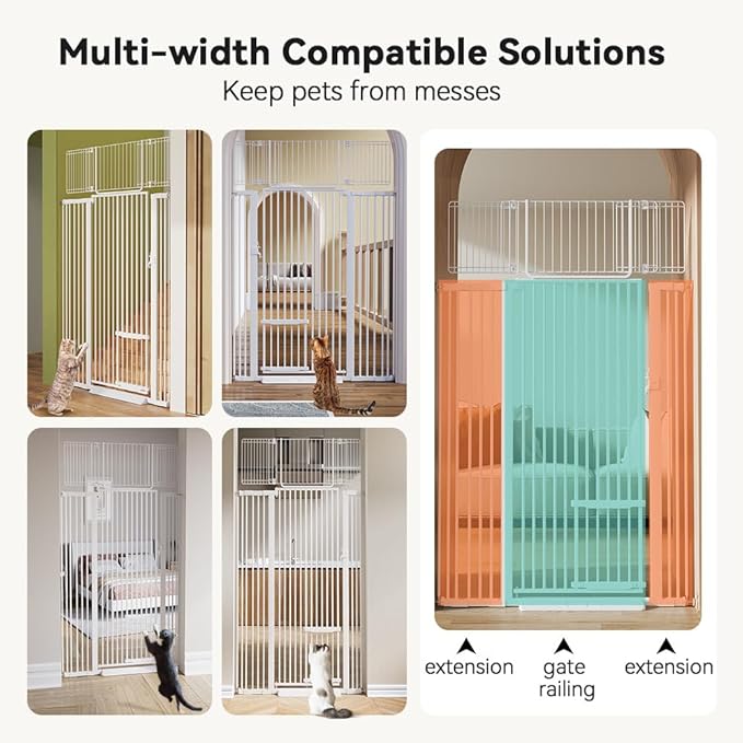 COMOMY 71" Extra Tall Pet Gate for Cats, 29.5-43" Extra Wide Cat Gate with Adjustable Cat Door, Pressure Mounted Easy Walk Through Pet Gate with Door for Stairs, Doorways, Kitchen(White)