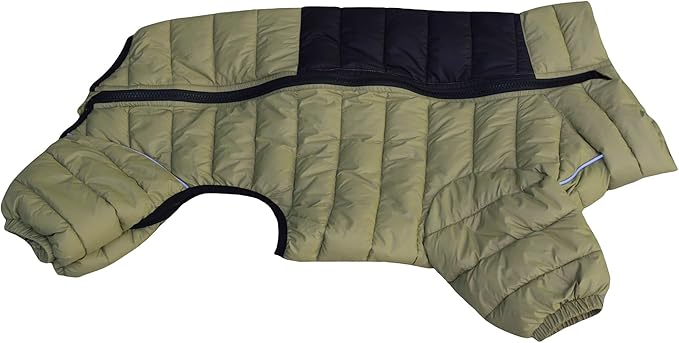 Olive Green Dog Jacket, 4-Leg Covered Waterproof Windproof Reflective Warm Vest, Zippered Adjustable Outdoor Snow Jacket for Small to Large Dogs