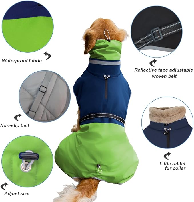 Waterproof Dog Winter Coat, Reflective Turtleneck Fleece Jacket with Snow Protection for Large Dogs, Cold Weather Pet Clothing (Green, 2XL)