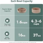 Ceramic Raised Slow Feeder Dog Bowl Set, Elevated 7.3inch Bowl and 8.2inch Puzzle Slow Dish with Wooden Stand for Medium and Large Dog, Anti-Gulping (2X Brown Coffee+ Stand)
