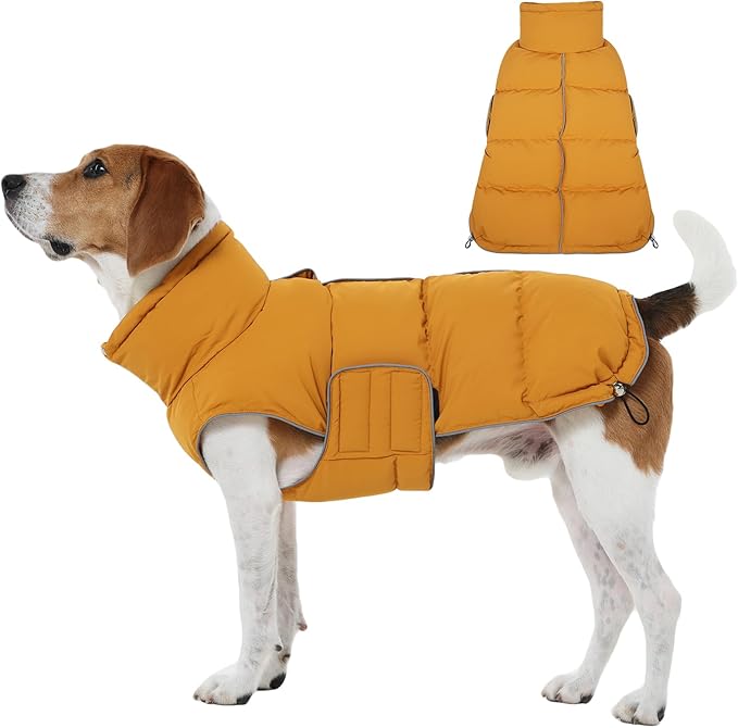 FUAMEY Dog Puffer Jacket for Large Dogs,Dog Cold Weather Coats Winter Dogs Down Jackets Waterproof Pet Snowsuits Warm Puppy Winter Vest Turtleneck Pets Adjustable Jackets Coats Mustard Yellow L