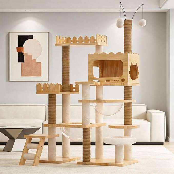 66.9" Modern Cat Tree Tower for Indoor Cats, Multi-Level Wood Cat Condo with Sisal Scratching Posts, Acrylic Hammock & Top Perch, Large Cat Climbing Tree Furniture, Natural
