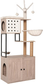 Cat Tree with Litter Box Enclosure - 3-in-1 Modern Cat Condo with Scratching Posts, Feeding Station & Removable Toys - Space-Saving Gray Cat Furniture (23.6"x17.7"x65.4")