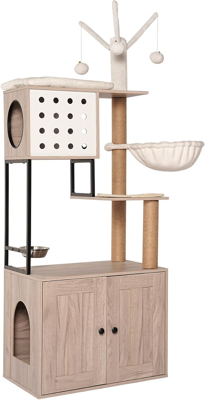 Cat Tree with Litter Box Enclosure - 3-in-1 Modern Cat Condo with Scratching Posts, Feeding Station & Removable Toys - Space-Saving Gray Cat Furniture (23.6"x17.7"x65.4")