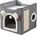 Cat Bed for Indoor Cats Foldable Cat Houses with Fluffy Ball and Scratch Pad Large Cat Cave Grey Cat Hideaway