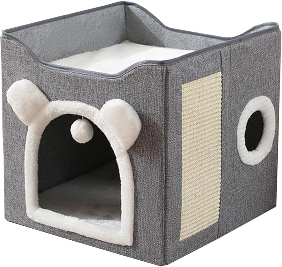Cat Bed for Indoor Cats Foldable Cat Houses with Fluffy Ball and Scratch Pad Large Cat Cave Grey Cat Hideaway