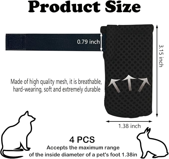 4 PCS Cat Mittens to Prevent Scratching,Mesh Breathable Cats Shoes,Adjustable Cat Anti Scratch Gloves,Suitable for Cats When Bathing and Nail Trimming(S,Black)