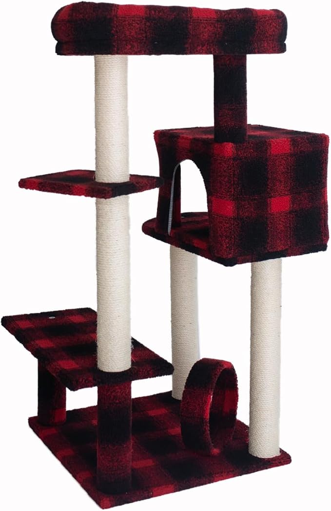 Cat Tree - 50" Plaid Cat Condo with Scratching Posts, Lounger & Veranda