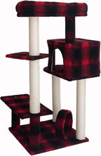 Cat Tree - 50" Plaid Cat Condo with Scratching Posts, Lounger & Veranda