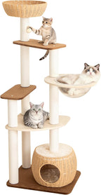 Modern Cat Tree for Large Cat, 63-Inch Tall Cat Tower with Scratching Post for Indoor Cats, Multi-Level Cat Condo with Hand-Woven Cat Bed and Acrylic Bowl