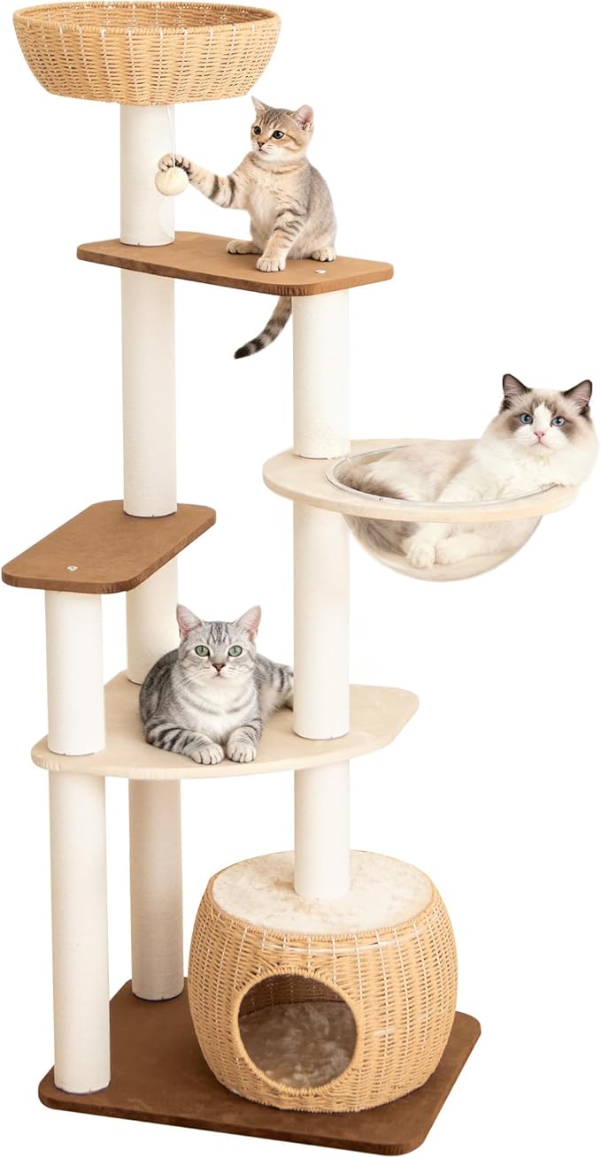 Modern Cat Tree for Large Cat, 63-Inch Tall Cat Tower with Scratching Post for Indoor Cats, Multi-Level Cat Condo with Hand-Woven Cat Bed and Acrylic Bowl