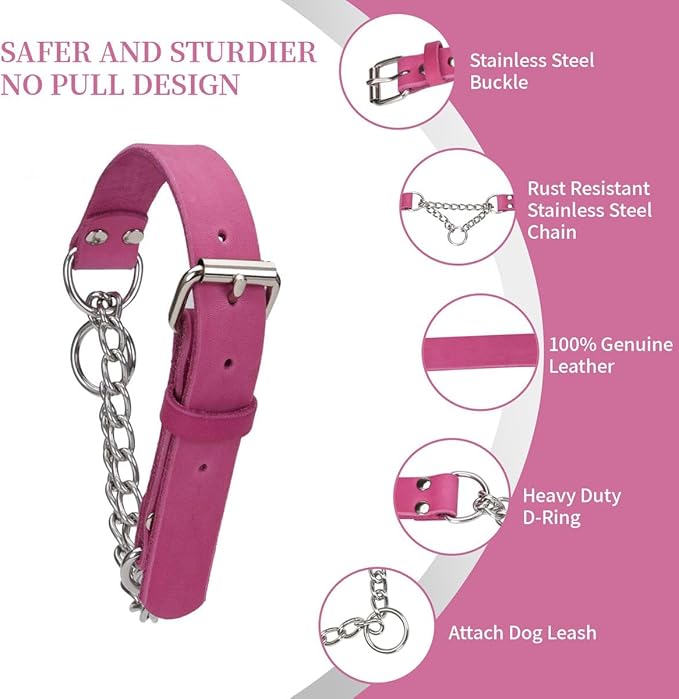 Martingale Collar for Dogs No-Pull Adjustable Training Collar with Stainless Steel Chain - Genuine Leather Anti-Slip Design for Small,Medium,Large Breed Dogs - Pink (S)