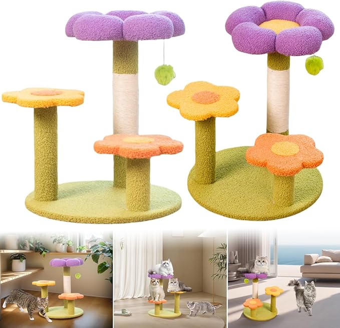 Flower Cat Tree Tower Cat Climbing Frame Sisal Wrapped Cute Cat Tree Multi-Function Small Cat Tower 3 Layer for Playtime and Relaxation