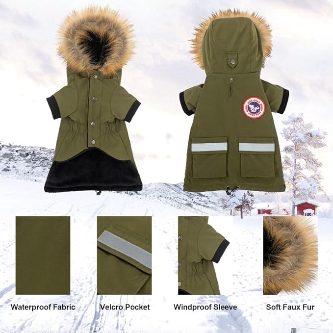 PINA Small Dog Coats - Waterproof Winter Jacket, Warm Cold Weather Coat with Faux Fur Hood and Reflective Pocket