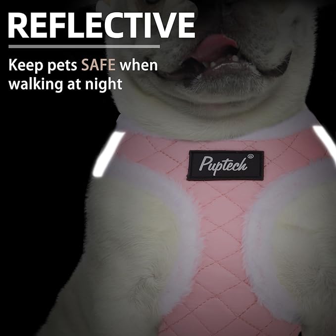 PUPTECK Plush Dog Harness and Leash Set for Small Medium Dogs No Pull Step-in Soft Mesh Puppy Cat Winter Vest Harnesses Reflective at Night Warm, Plush Pink, XS