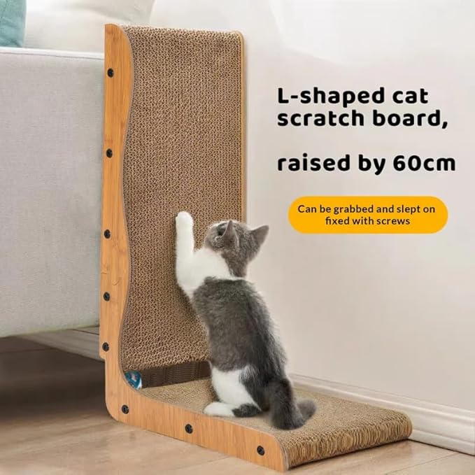 Happy & Polly L Shape Cat Scratcher - 25.8 Inch Vertical Cat Scratching Board with Ball Toy for Indoor Cats - Cardboard Cat Scratch Pad Protecting Furniture