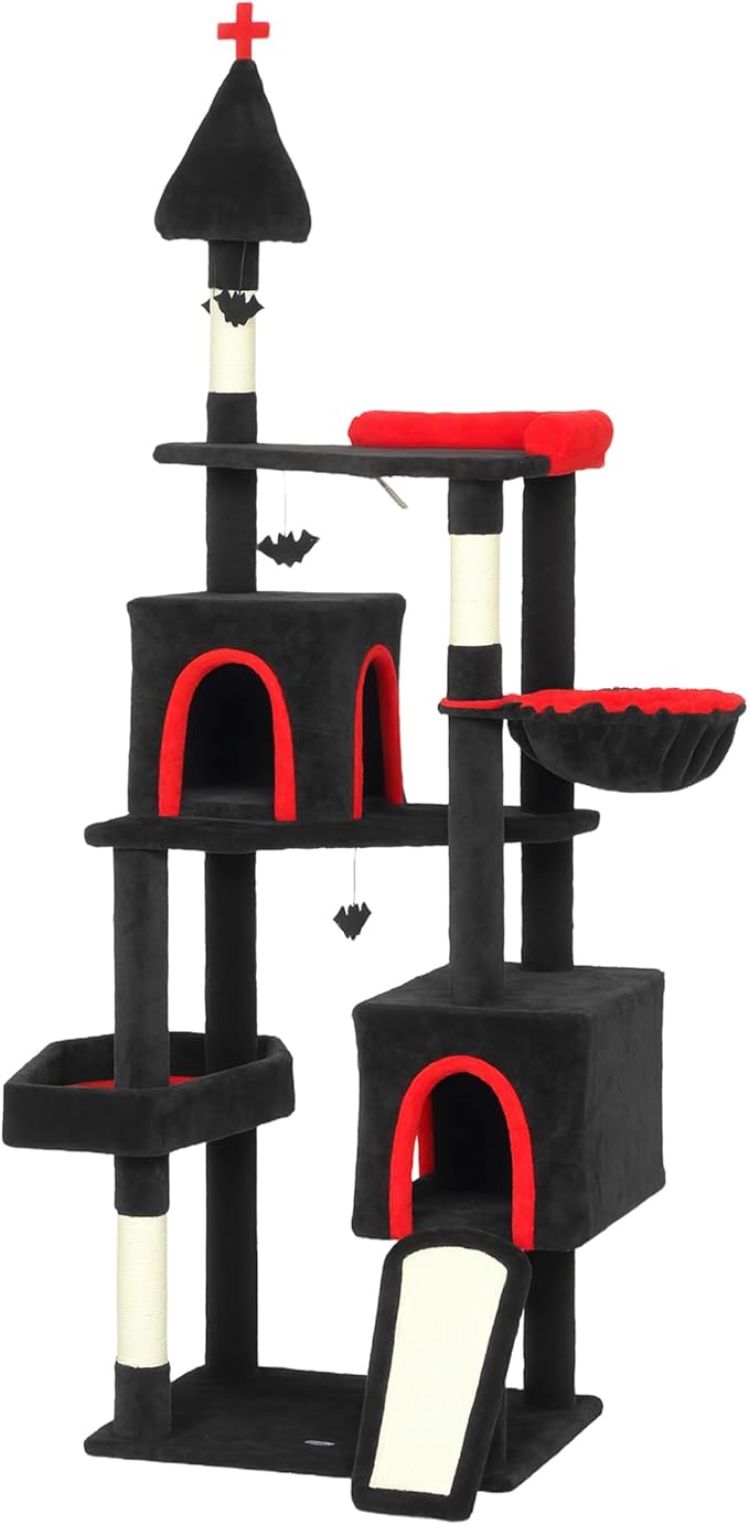 Gothic Castle-Inspired Cat Tree- 77.6" H Multi-Level Large Kitty Climbing Tree Tower with Coffin Bed, Cozy Plush ‌Pussycat Perches, Sisal Scratching, Activity Center, for Indoor Cats