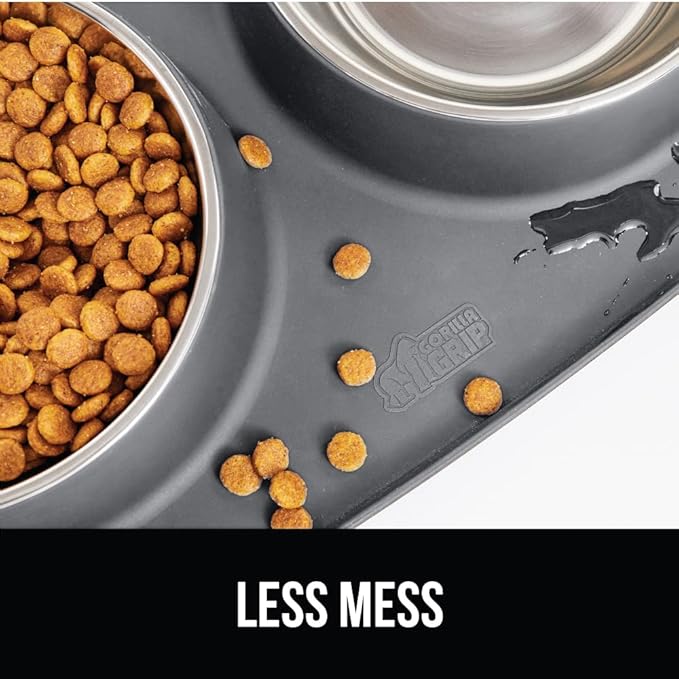 GORILLA GRIP Feeding Mat Bowl Set, 3 Cup 100% Waterproof BPA Free Silicone Base, 304 Stainless Steel Cat and Dog Bowls for Food and Water, Slip Resistant, High Edge, US Designed, Patent Pending, Gray