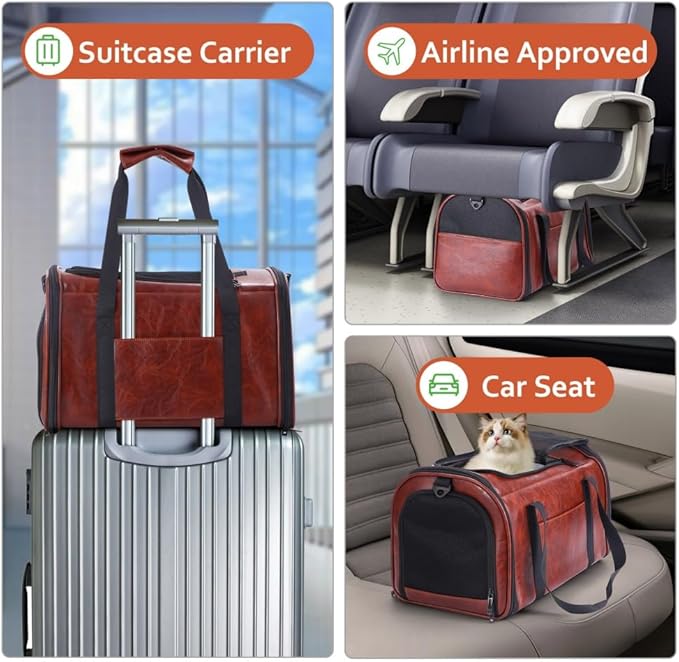 Fashion Dog Carrier Pet Carrier Airline Approved Cat Carrier for Small Dogs Cats Under 15 Lbs, Vegan Leather Collapsible Soft Sided Travel Puppy Carrier