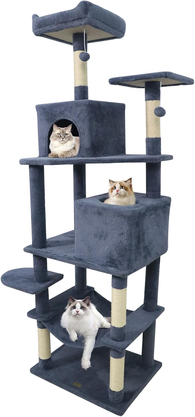 PETSITE Multi-Level Cat Tree, 75 Inches Tall with Sisal Scratching Posts, 2 Condos, Hammock, Dangling Balls, and Cozy Top Perch, Ideal for Indoor Cats to Play and Rest (Dark Grey)